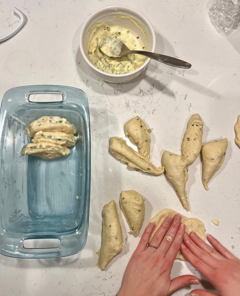 Photos of the bread making process, the pre-baked bread and the post-baked bread. 